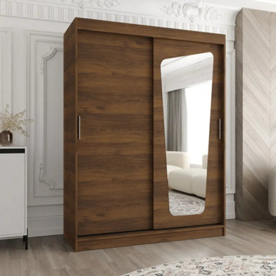 Arte Moka 150Cm Oak Walnut Sliding Wardrobe With Angled Mirrored Panel