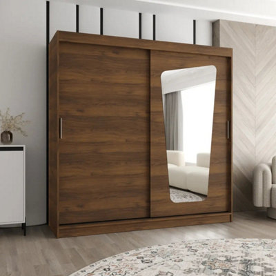 Arte Moka 200Cm Oak Walnut Sliding Wardrobe With Mirror And 8 Shelves