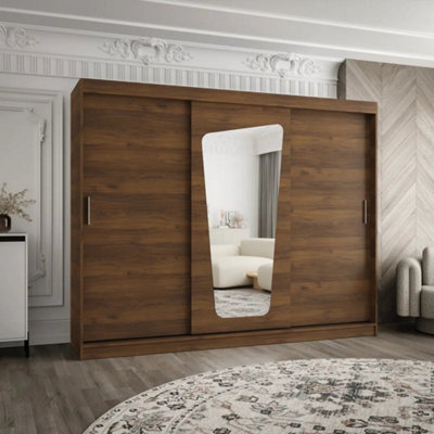 Arte Moka Extra-Wide 250Cm Oak Walnut 3 Door Sliding Wardrobe With Mirror Panel
