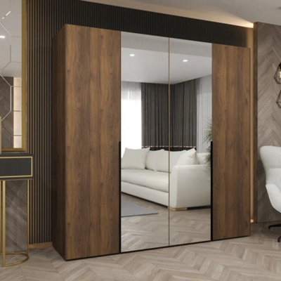 Arte Alicante Ii 200Cm Oak Walnut Hinged Wardrobe With Mirrored Doors