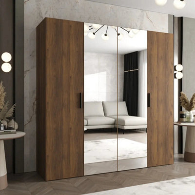 Arte Bari Ii 200Cm Oak Walnut Mirrored Hinged Wardrobe For Shared Storage