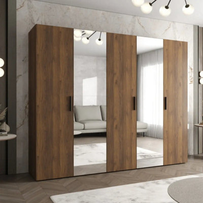 Arte Bari Ii 250Cm Oak Walnut Hinged Wardrobe With Mirrored Storage