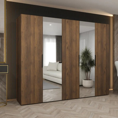 Arte Marbella Ii 250Cm Oak Walnut Hinged Wardrobe With Mirrored Doors