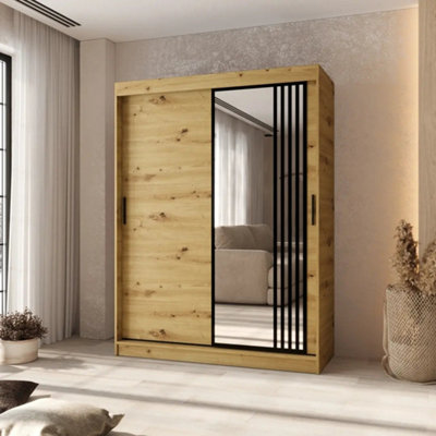 Arten Asved Oak Artisan 150Cm Mirrored Sliding Door Wardrobe With Warm Wood Finish