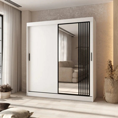 Arten Asved 180Cm White Sliding Door Wardrobe With Mirror And 8 Shelves