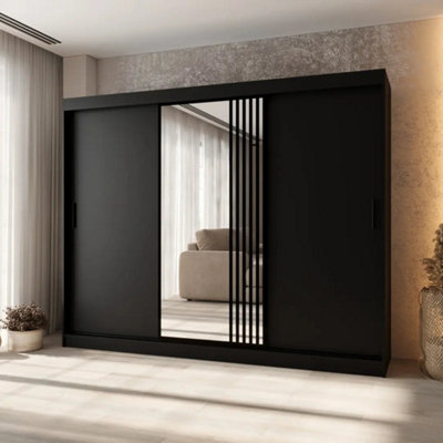 Arten Asved Black 250Cm Large Mirrored Sliding Door Wardrobe