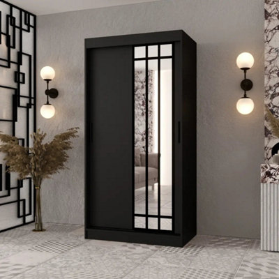 Arten Almeria Black 100Cm Mirrored Sliding Wardrobe For Modern Bedrooms