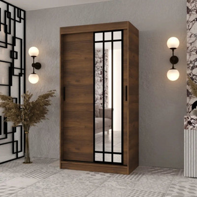 Arten Almeria Oak Walnut 100Cm Sliding Wardrobe With Mirrored Door