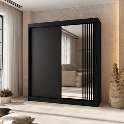 Arten Almeria Black 180Cm Mirrored Wardrobe With Space-Saving Sliding Doors