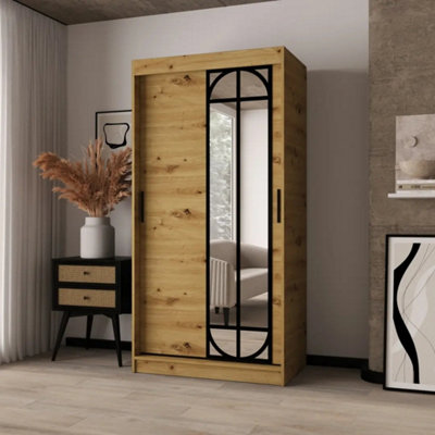 Arten Lugo Oak Artisan 100Cm Mirrored Sliding Wardrobe With Black Detail