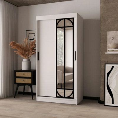 Arten Lugo White 100Cm Sliding Wardrobe With Mirror And Black Accents