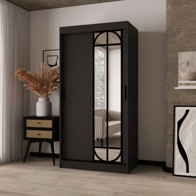 Arten Lugo Black 100Cm Mirrored Sliding Door Wardrobe For Modern Bedrooms