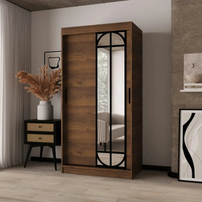 Arten Lugo Oak Walnut 100Cm Mirrored Wardrobe With Space-Saving Doors