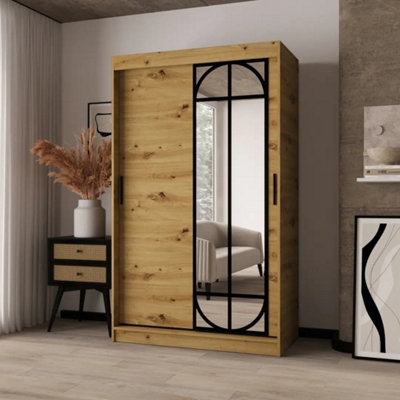 Arte Lugo Oak Artisan 120Cm Mirrored Sliding Wardrobe With Black Detail