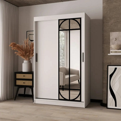 B&Q -  Lugo White 120Cm Sliding Wardrobe With Mirror And Black Accents