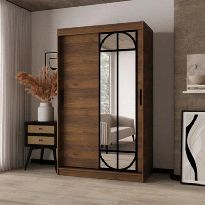 Arte Lugo Oak Walnut 120Cm Mirrored Wardrobe With Space-Saving Doors