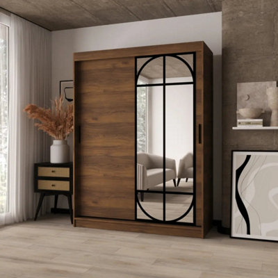 Arten Lugo 150Cm Oak Walnut Sliding Door Wardrobe With Mirror