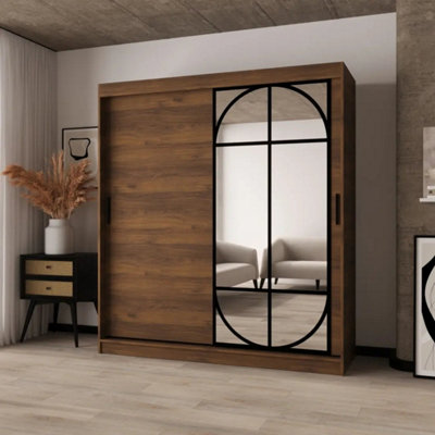 Arten Lugo 180Cm Oak Walnut Mirrored Sliding Door Wardrobe
