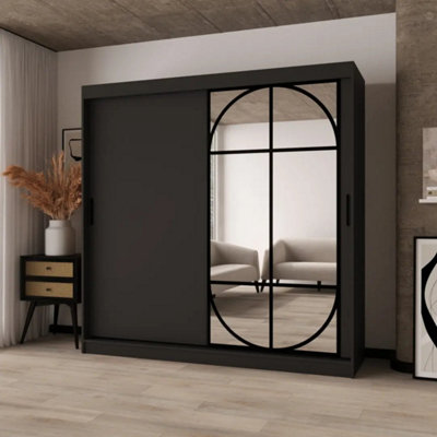 Arte Lugo 200Cm Black Mirrored Sliding Wardrobe With Tailored Storage