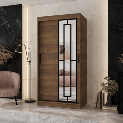 Arten Modena 100Cm Oak Walnut Mirrored Sliding Wardrobe With Rich Compact Storage