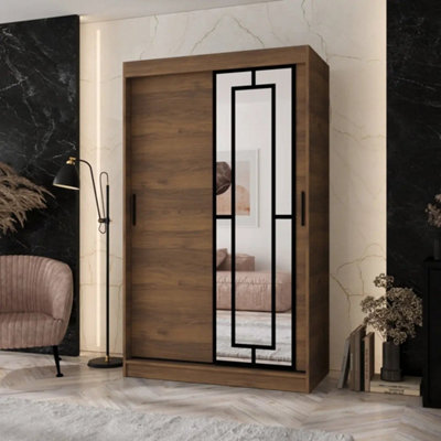Arten Modena 120Cm Oak Walnut Mirrored Sliding Wardrobe With Rich Bedroom Character