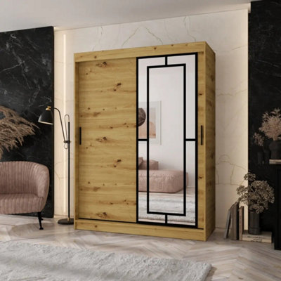 Arten Modena 150Cm Oak Artisan Mirrored Sliding Wardrobe For WarmRoomy Bedroom Storage