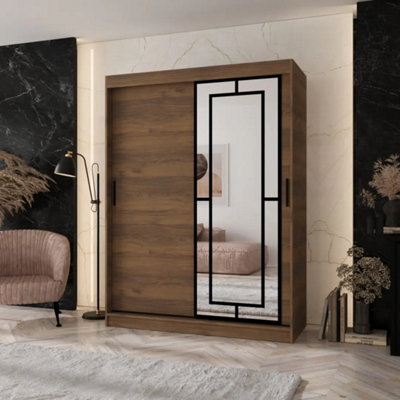 Arten Modena 150Cm Oak Walnut Mirrored Sliding Wardrobe With RichPractical Storage