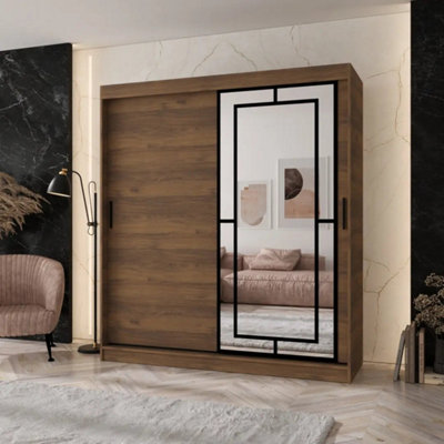 Arten Modena 180Cm Oak Walnut Mirrored Sliding Wardrobe With RichPractical Storage