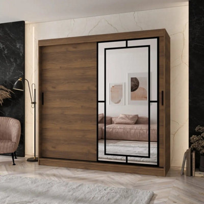 Arten Modena 200Cm Oak Walnut Mirrored Sliding Wardrobe With RichPractical Storage