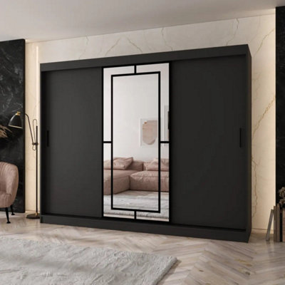 Arten Modena 250Cm Black Mirrored Triple Sliding Wardrobe With Statement Storage