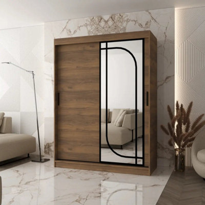 Arte Orlando Oak Walnut 150Cm Sliding Door Wardrobe With Mirror For RichOrdered Interiors