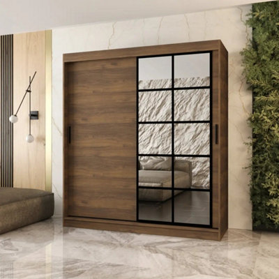 Arten Orlando Oak Walnut 180Cm Sliding Wardrobe With Mirror For Rich Bedroom Storage