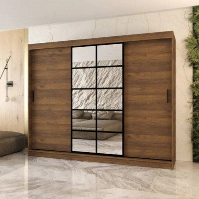 Arten Orlando Oak Walnut 250Cm Mirrored Triple Sliding Wardrobe For Rich Bedroom Storage