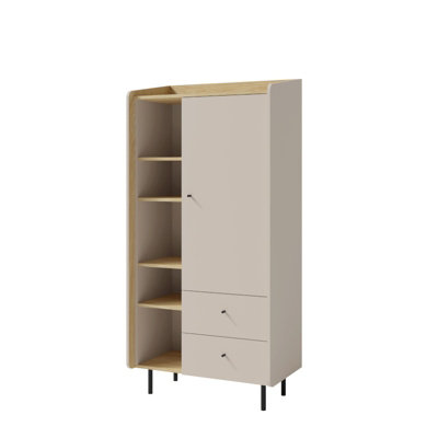 B&Q -  Alessio Tall Display Cabinet 80Cm Sand Beige And Oiled Oak With Door And Drawers