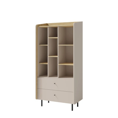 B&Q -  Alessio Tall Display Cabinet 80Cm Sand Beige And Oiled Oak With Drawers And Shelves
