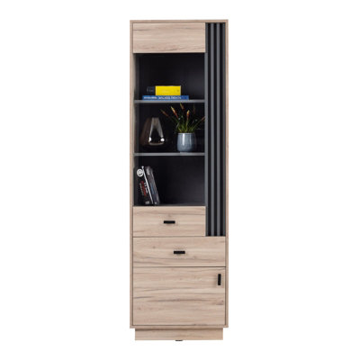 B&Q - Arten Allmo Tall Storage Cabinet 60Cm Light Estana Oak And Anthracite With 2 Drawers