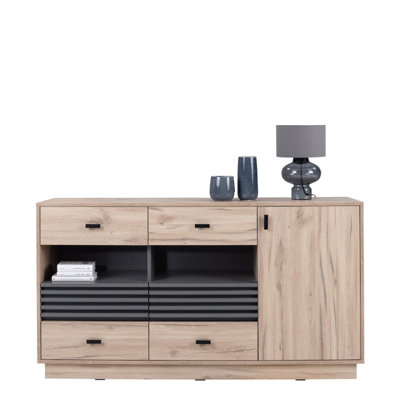B&Q - Arten Allmo Wide Sideboard 155Cm Light Estana Oak And Anthracite With 4 Drawers