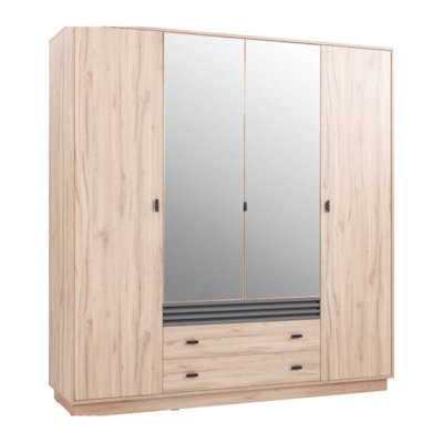 B&Q - Arten Allmo Four Door Wardrobe 200Cm Light Estana Oak And Anthracite With Mirrors And Drawers