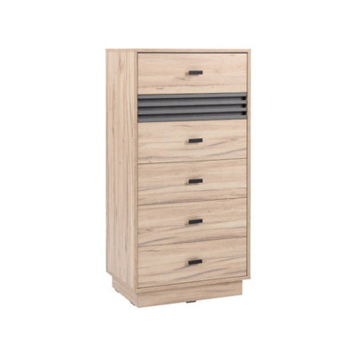 B&Q - Arten Allmo Tall Sideboard Cabinet 60Cm Light Estana Oak And Anthracite With 5 Drawers