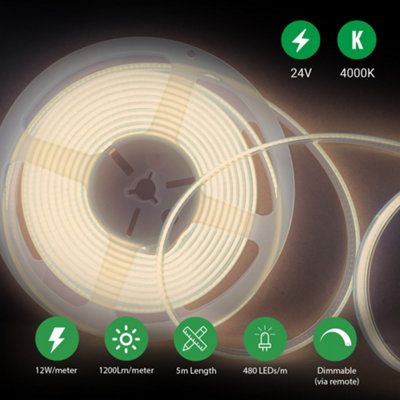Ener-J White/Light Plug And Play 24V Dotless Cob Led Strip Kit‚ 5M 480 Leds/M + Dimming Controller & Remote + Uk Plug, 4000K - Image 7