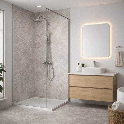 Ener-J Britwall Pvc Shower Panels Pack Of 3 Carrara Marble Grey Waterproof Bathroom Wall Cladding 2400X1000X10mm Matt Finish from B&Q