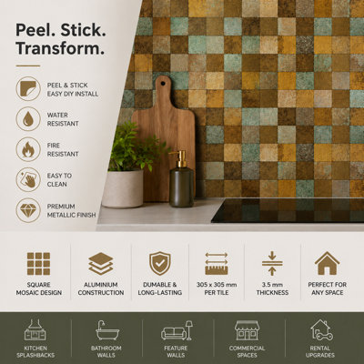 Britwall Multi-Shade Mosaic Square Aluminium Peel And Stick Backsplash Bronze 300 X 300Mm 4 Pack - Image 3