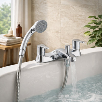 Home Range Clever Araya Mercia Urban Bath & Shower Mixer ChromeModern Dual Handle Bath Tap With Shower Handset & Hose from B&Q