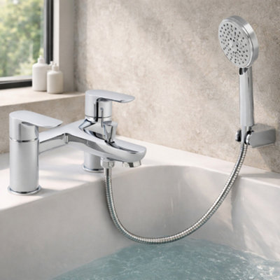Home Range Elion Bath & Shower Mixer ChromeDual Lever Modern Mixer Tap With HandsetSolid Brass BodyPolished Finish from B&Q