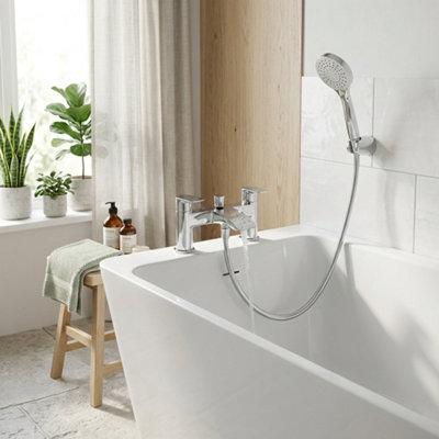 B&Q -  Lamina Bath & Shower Mixer ChromeDual Lever Deck Mounted Tap With HandsetBrass Body And Modern Waterfall Spout