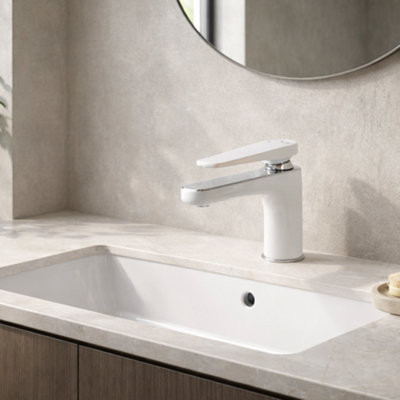 Home Range Firth Mono Basin Mixer Tap White & ChromeSingle Lever Bathroom Sink Tap With Fixings And Flexible Tap Tails from B&Q