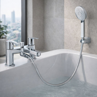 Home Range Exstasy Bath & Shower Mixer ChromeModern Twin Lever Bath Tap With Shower KitSolid Brass BodyPolished Chrome Finish from B&Q
