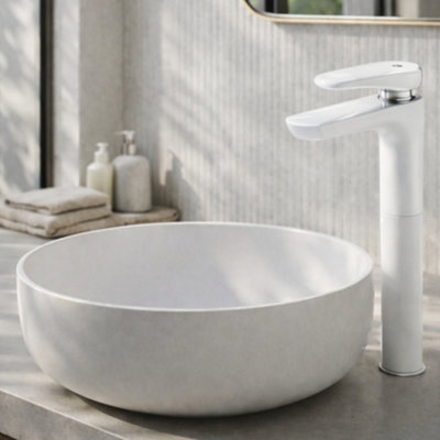 Home Range White Firth Tall Mono Basin Mixer & Chrome - Modern Tall Bathroom Tap, Single Lever Mixer For Countertop Basins