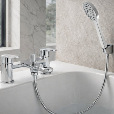Home Range Marti Bath & Shower Mixer ChromeModern Twin Lever Bath Tap With Shower KitPolished Chrome Finish from B&Q