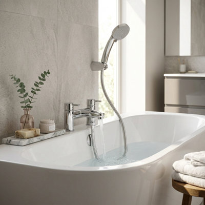 Home Range Esmere Bath & Shower Mixer ChromeModern Curved Spout Bath Filler With Shower KitTwin Lever Chrome Tap from B&Q